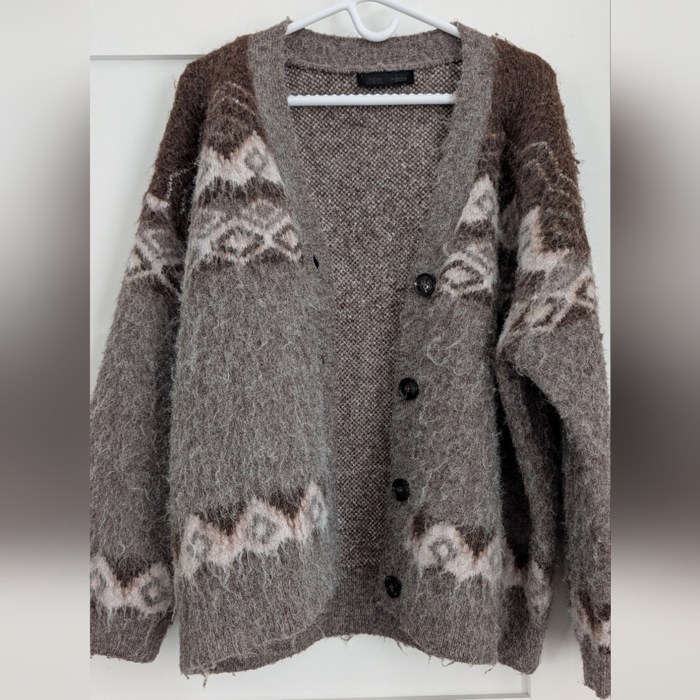 Zara Brown and Cream Fuzzy Button-Front Cardigan